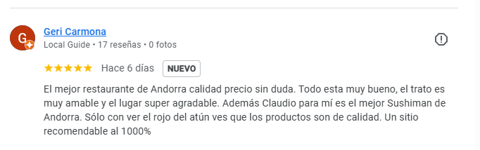 Reseña de Geri Carmona. El mejor restaurante de Andorra en calidad y precio, sin ninguna duda. Todo está muy bueno, el trato es muy amable y el lugar superagradable. Además, el chef japonés KAZUYA para mí es el mejor sushiman de Andorra. Solo con ver el color rojo del atún ves que los productos son de calidad. Un sitio recomendable al 1000 %. Reseña de Geri Carmona. El mejor restaurante de Andorra en calidad y precio, sin ninguna duda. Todo está muy bueno, el trato es muy amable y el lugar superagradable. Además, el chef japonés KAZUYA para mí es el mejor sushiman de Andorra. Solo con ver el color rojo del atún ves que los productos son de calidad. Un sitio recomendable al 1000 %.
